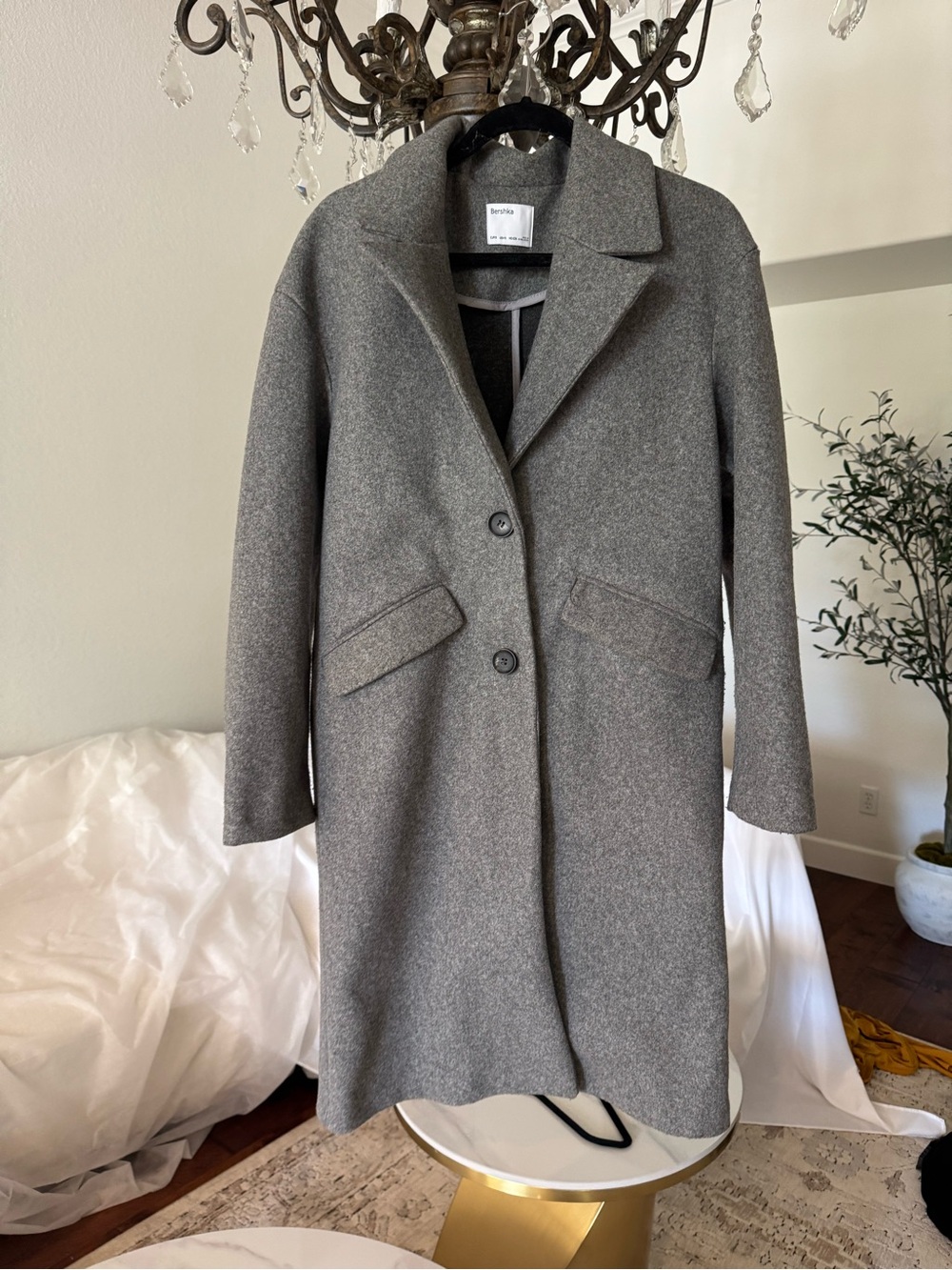 Bershka Women's Gray Single-Breasted Wool-Blend Coat